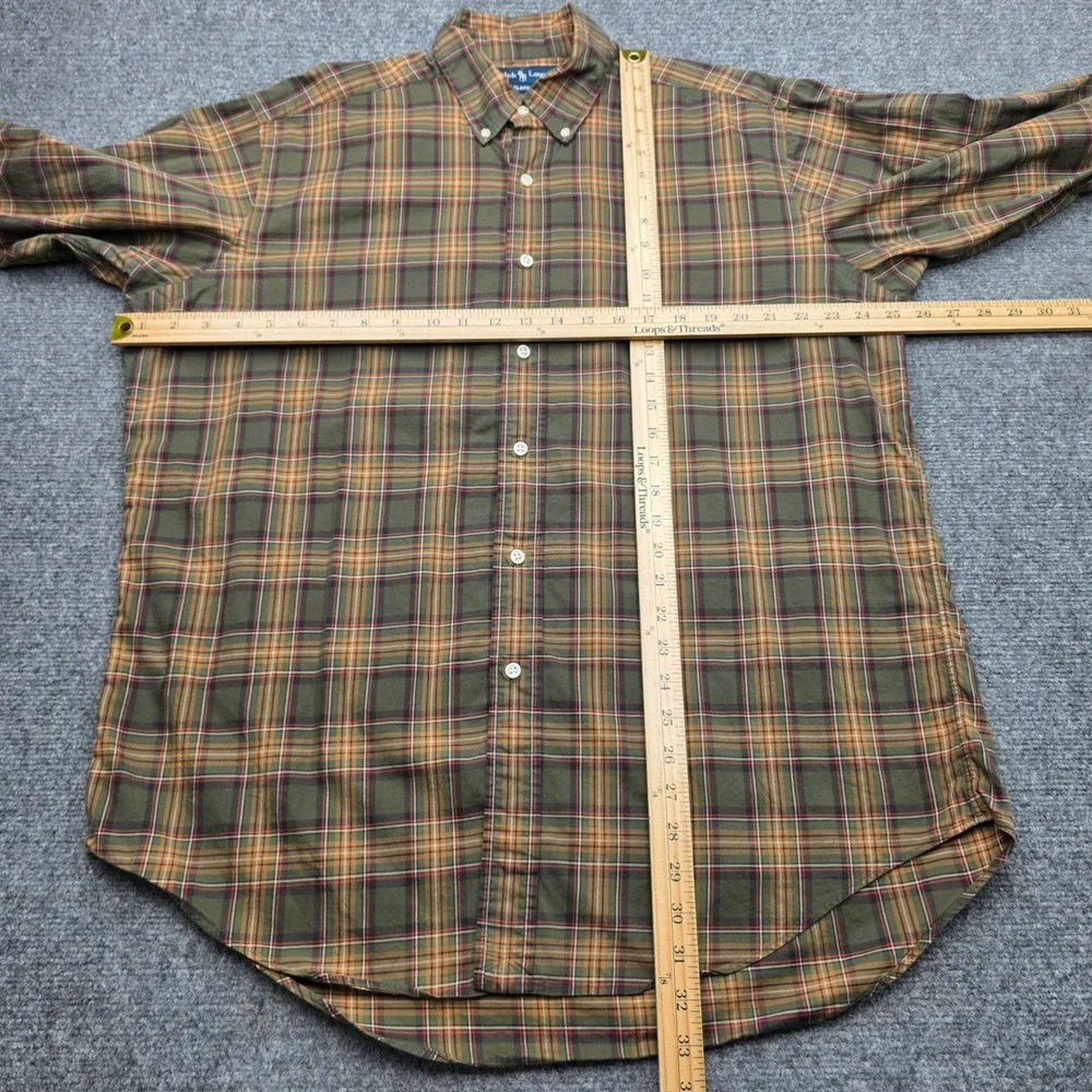 Polo Ralph Lauren Mens Large Classic Fit Plaid Button Down Shirt Olive Green Tan
